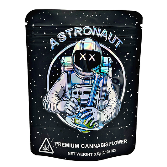 3.5G Mylar Bags, Cannabis Mylar Bags, Where to buy mylar bags, Custom mylar bags near me, Mylar Bags Wholesale. Cannabis packaging with an astronaut illustration on a black background