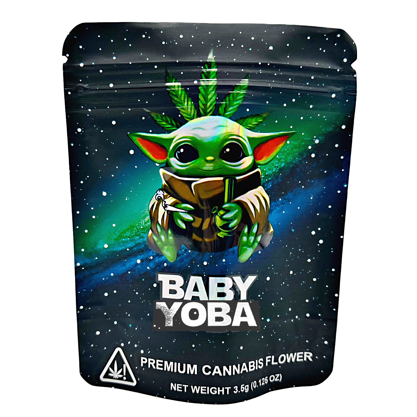 Mylar Bag Packaging of Baby Yoba premium cannabis flower with a cartoon character holding a cannabis leaf.