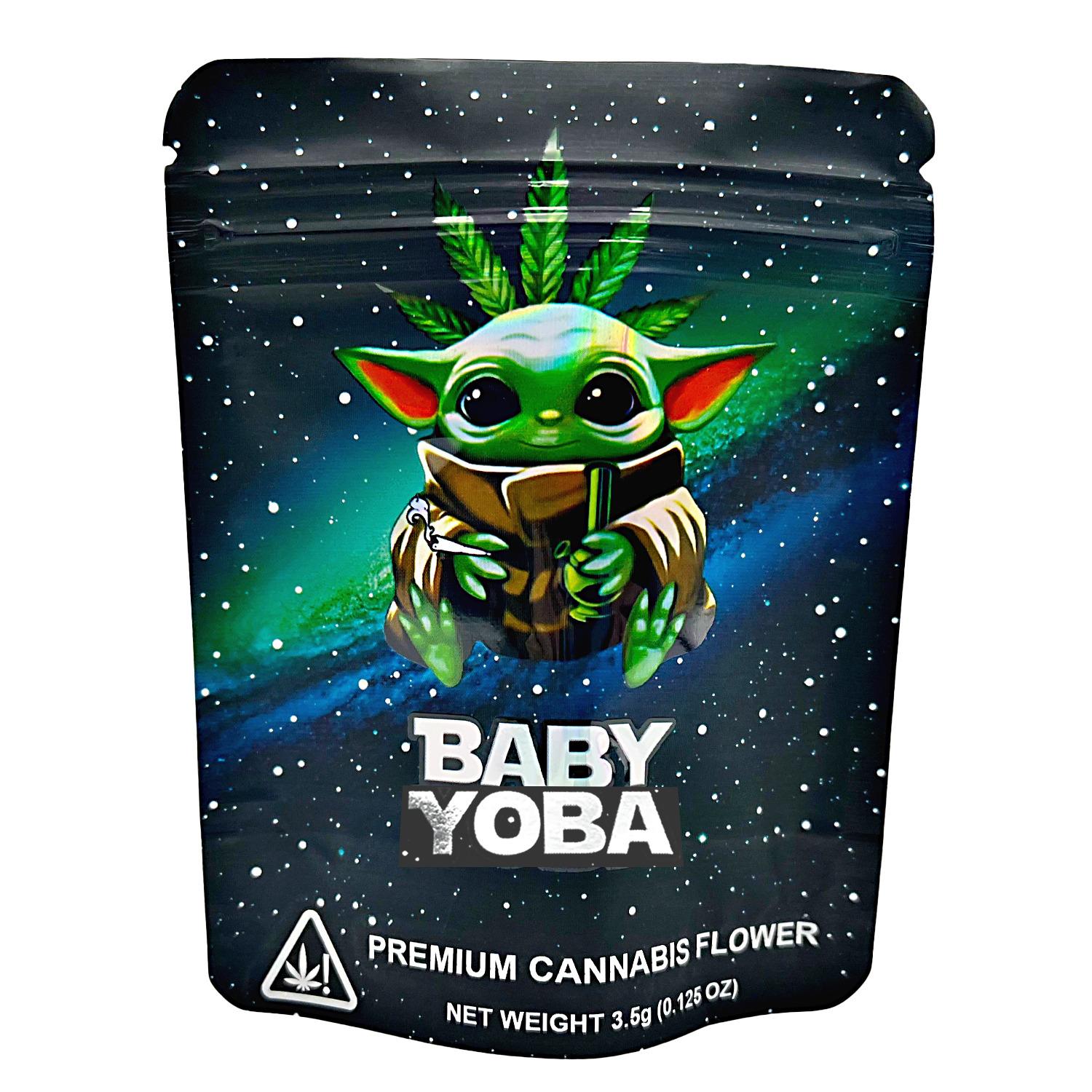 Mylar Bag Packaging of Baby Yoba premium cannabis flower with a cartoon character holding a cannabis leaf.