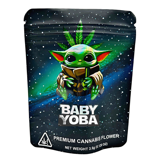 Mylar Bag Packaging of Baby Yoba premium cannabis flower with a cartoon character holding a cannabis leaf.