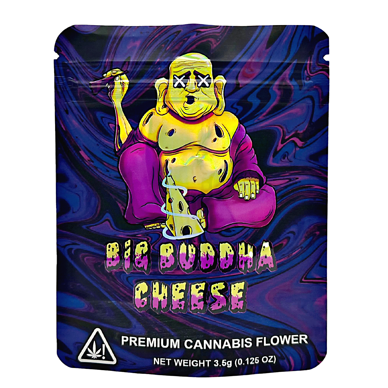 3.5G Mylar Bags, Cannabis Mylar Bags, Where to buy mylar bags, Custom mylar bags near me, Mylar Bags Wholesale. Packaging of Big Buddha Cheese premium cannabis flower with colorful design and Buddha figure.