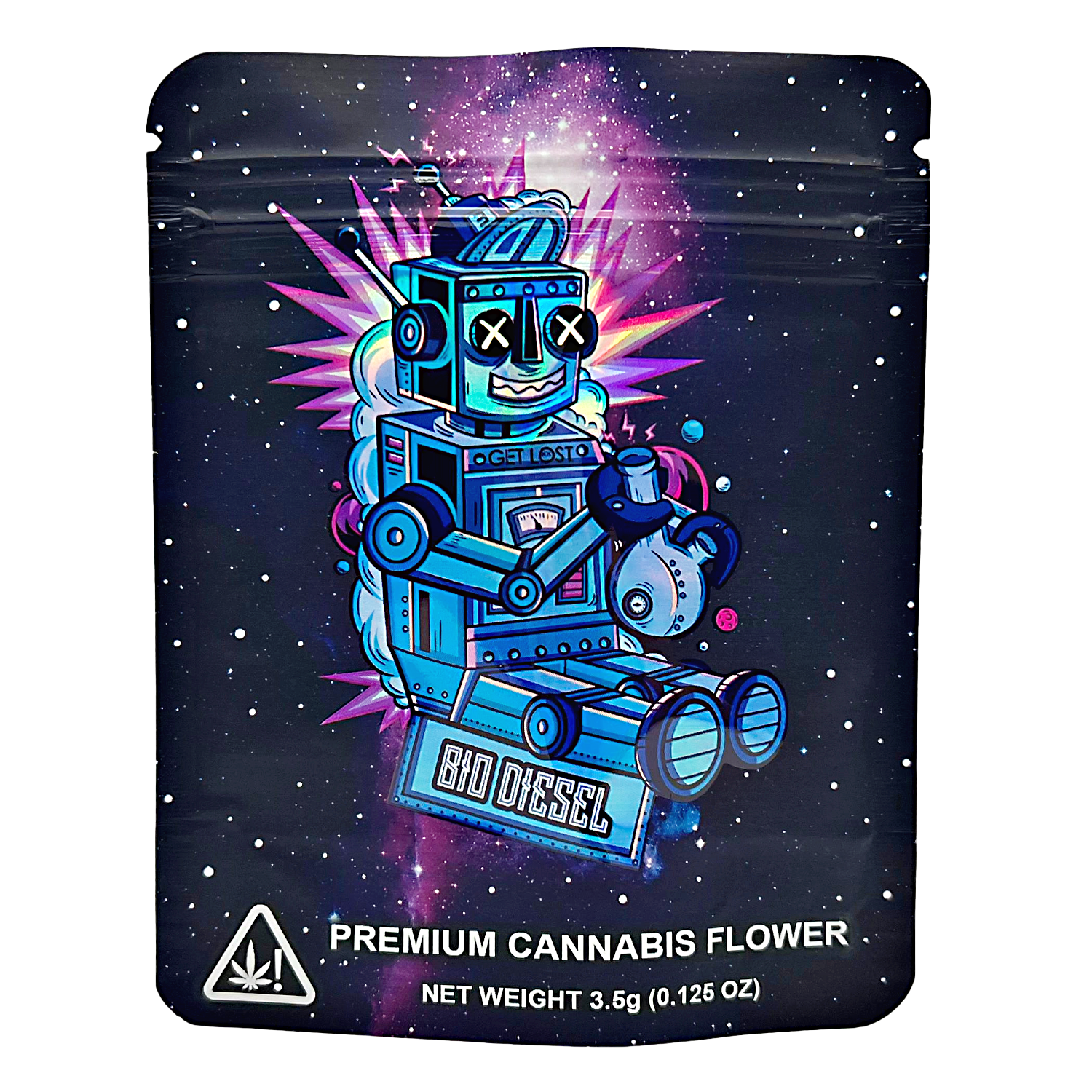 3.5G Mylar Bags, Cannabis Mylar Bags, Where to buy mylar bags, Custom mylar bags near me, Mylar Bags Wholesale. Cannabis flower packaging with a robot design on a dark background
