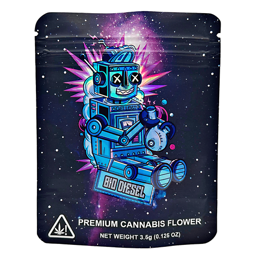 3.5G Mylar Bags, Cannabis Mylar Bags, Where to buy mylar bags, Custom mylar bags near me, Mylar Bags Wholesale. Cannabis flower packaging with a robot design on a dark background