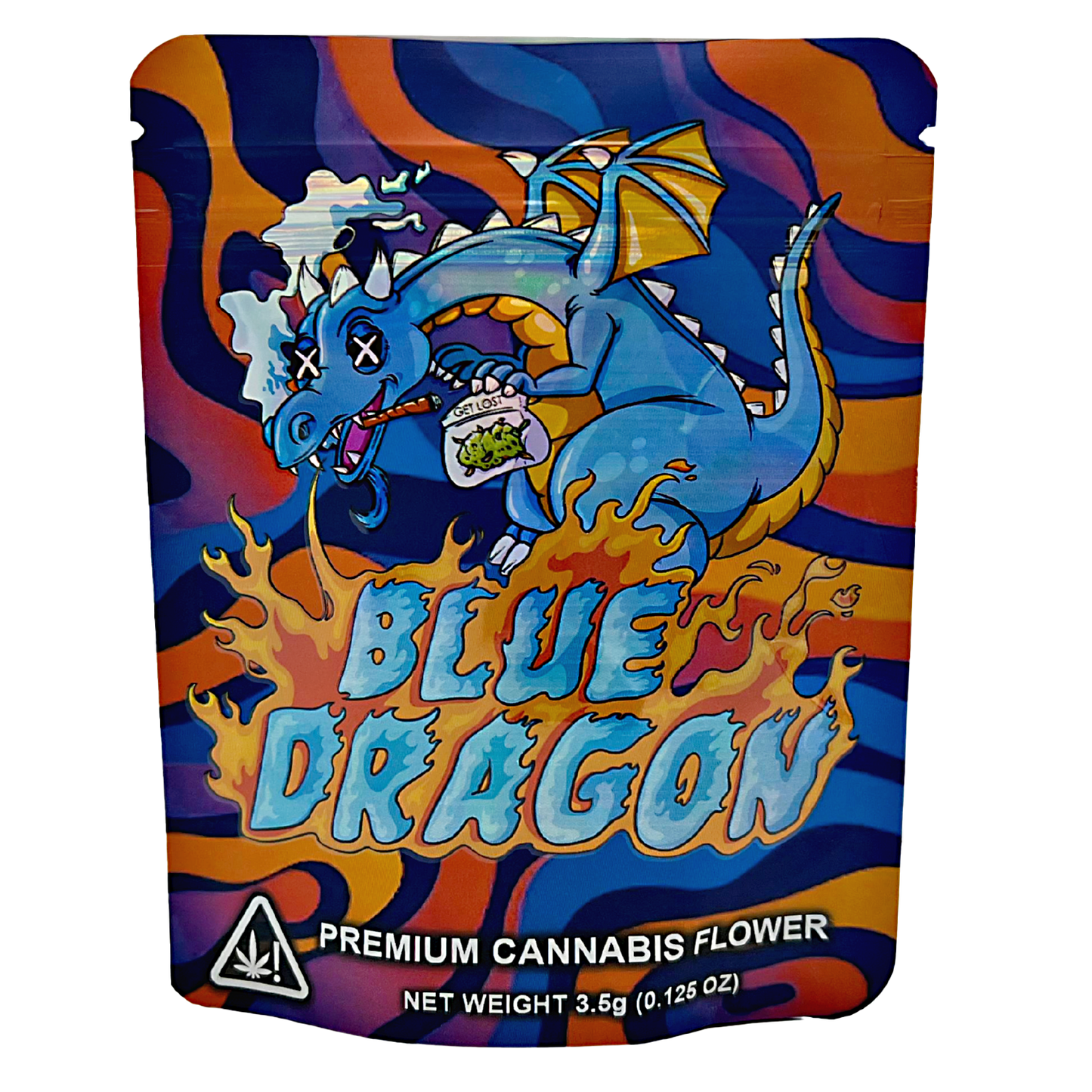 3.5G Mylar Bags, Cannabis Mylar Bags, Where to buy mylar bags, Custom mylar bags near me, Mylar Bags Wholesale. Colorful packaging of Blue Dragon premium cannabis flower with a dragon illustration.
