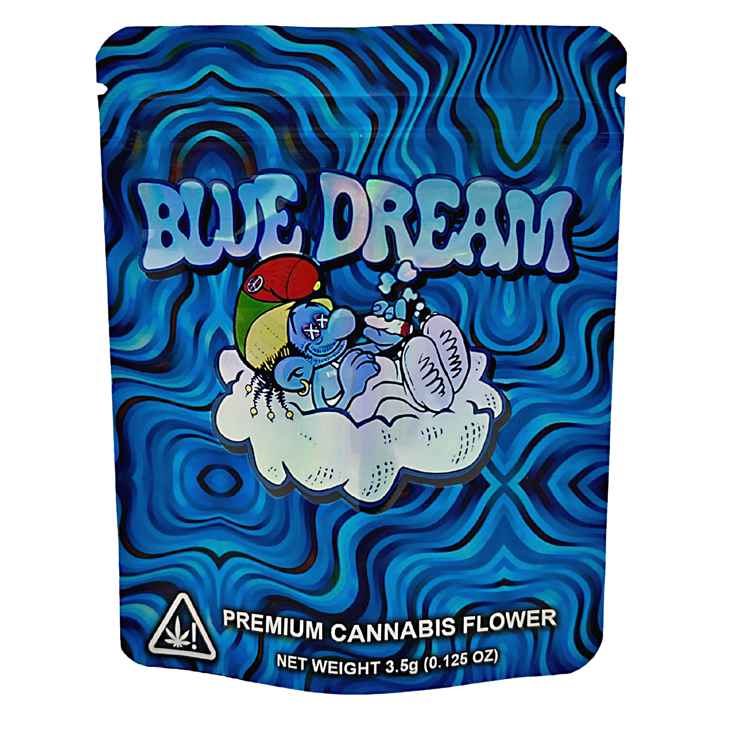3.5G Mylar Bags, Cannabis Mylar Bags, Where to buy mylar bags, Custom mylar bags near me, Mylar Bags Wholesale. Blue Dream premium cannabis flower packaging with wavy blue design and cartoon character.
