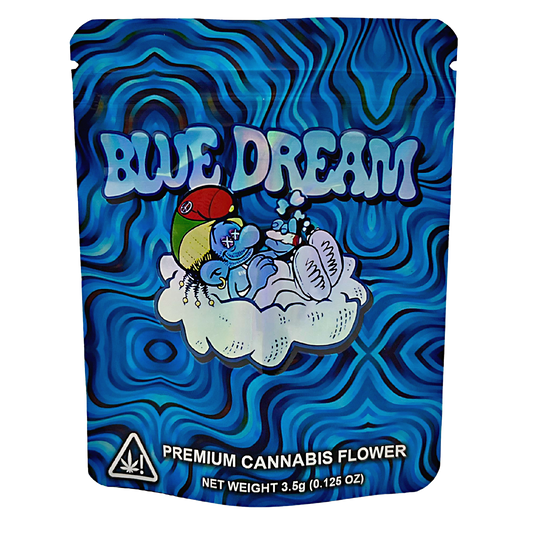3.5G Mylar Bags, Cannabis Mylar Bags, Where to buy mylar bags, Custom mylar bags near me, Mylar Bags Wholesale. Blue Dream premium cannabis flower packaging with wavy blue design and cartoon character.