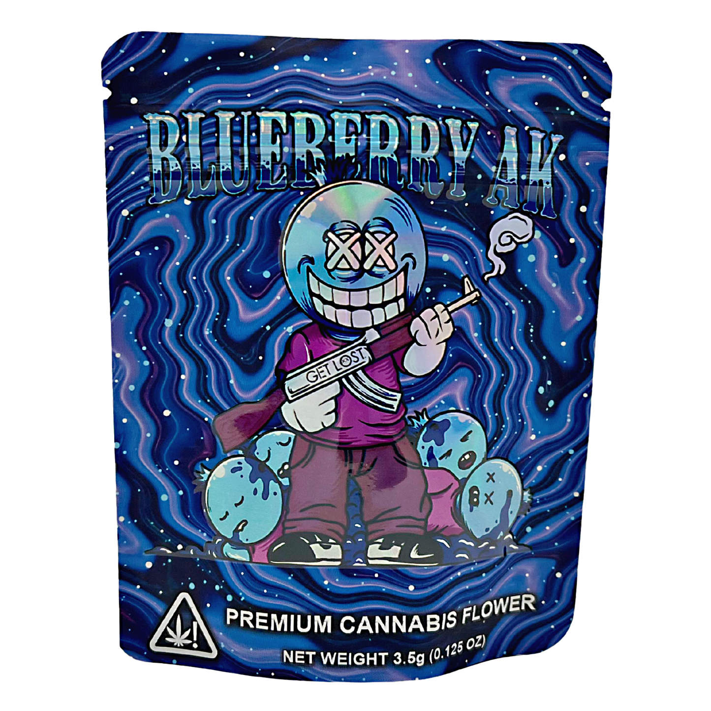 3.5G Mylar Bags, Cannabis Mylar Bags, Where to buy mylar bags, Custom mylar bags near me, Mylar Bags Wholesale. Blueberry AK cannabis flower packaging with cartoon character on a blue background