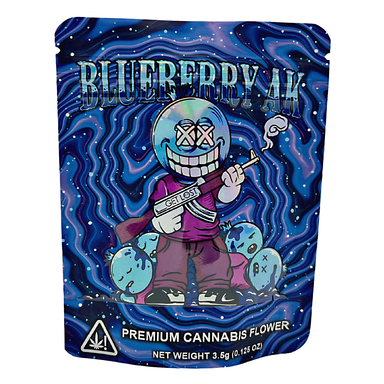 3.5G Mylar Bags, Cannabis Mylar Bags, Where to buy mylar bags, Custom mylar bags near me, Mylar Bags Wholesale. Blueberry AK cannabis flower packaging with cartoon character on a blue background