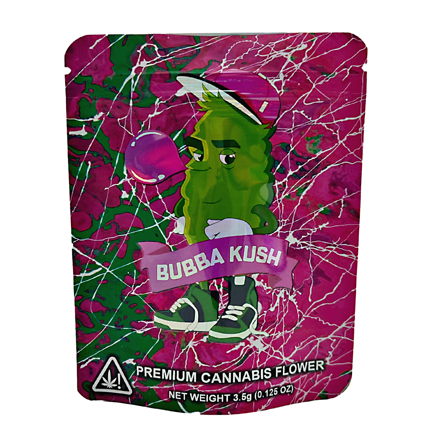 3.5G Mylar Bags, Cannabis Mylar Bags, Where to buy mylar bags, Custom mylar bags near me, Mylar Bags Wholesale. Bubba Kush cannabis packaging with a cartoon character on a pink and green background