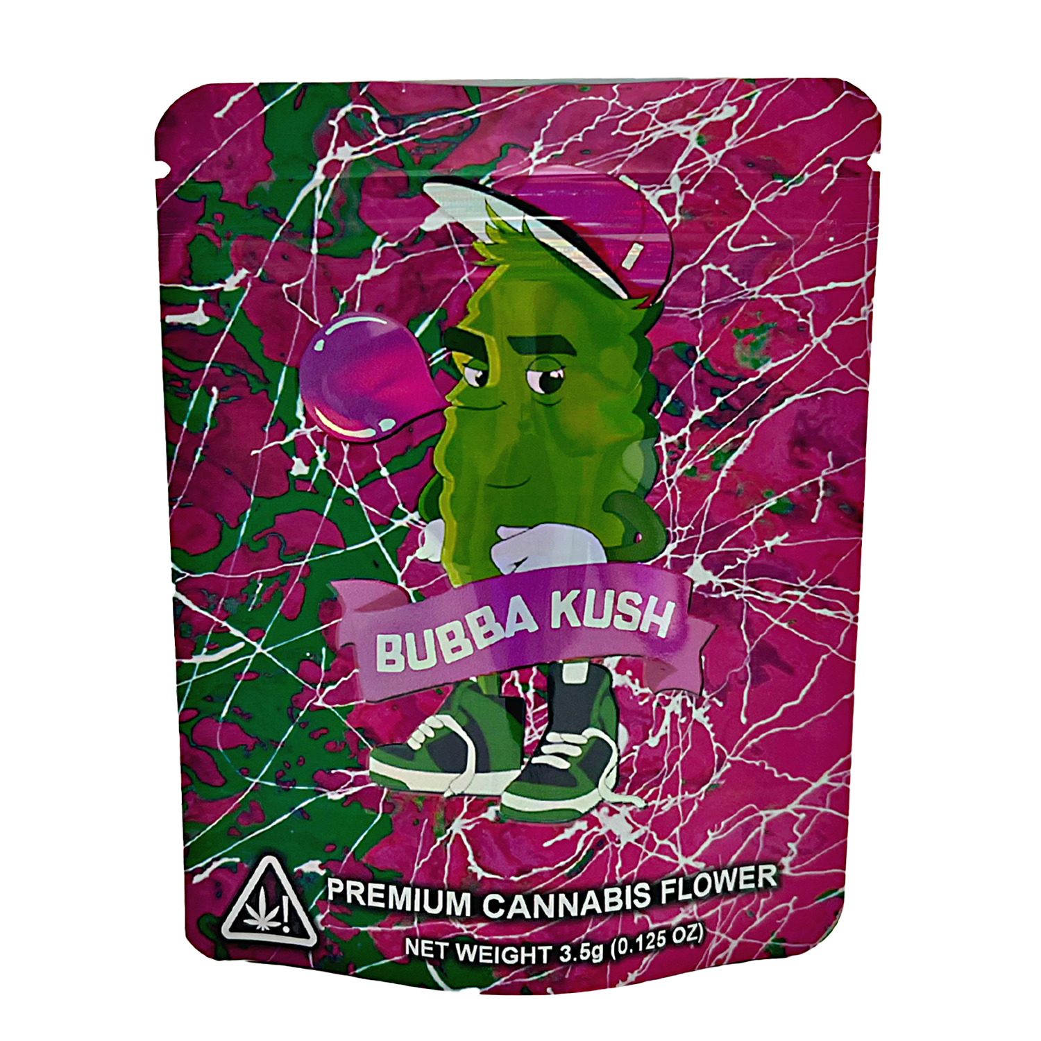 3.5G Mylar Bags, Cannabis Mylar Bags, Where to buy mylar bags, Custom mylar bags near me, Mylar Bags Wholesale. Bubba Kush cannabis packaging with a cartoon character on a pink and green background