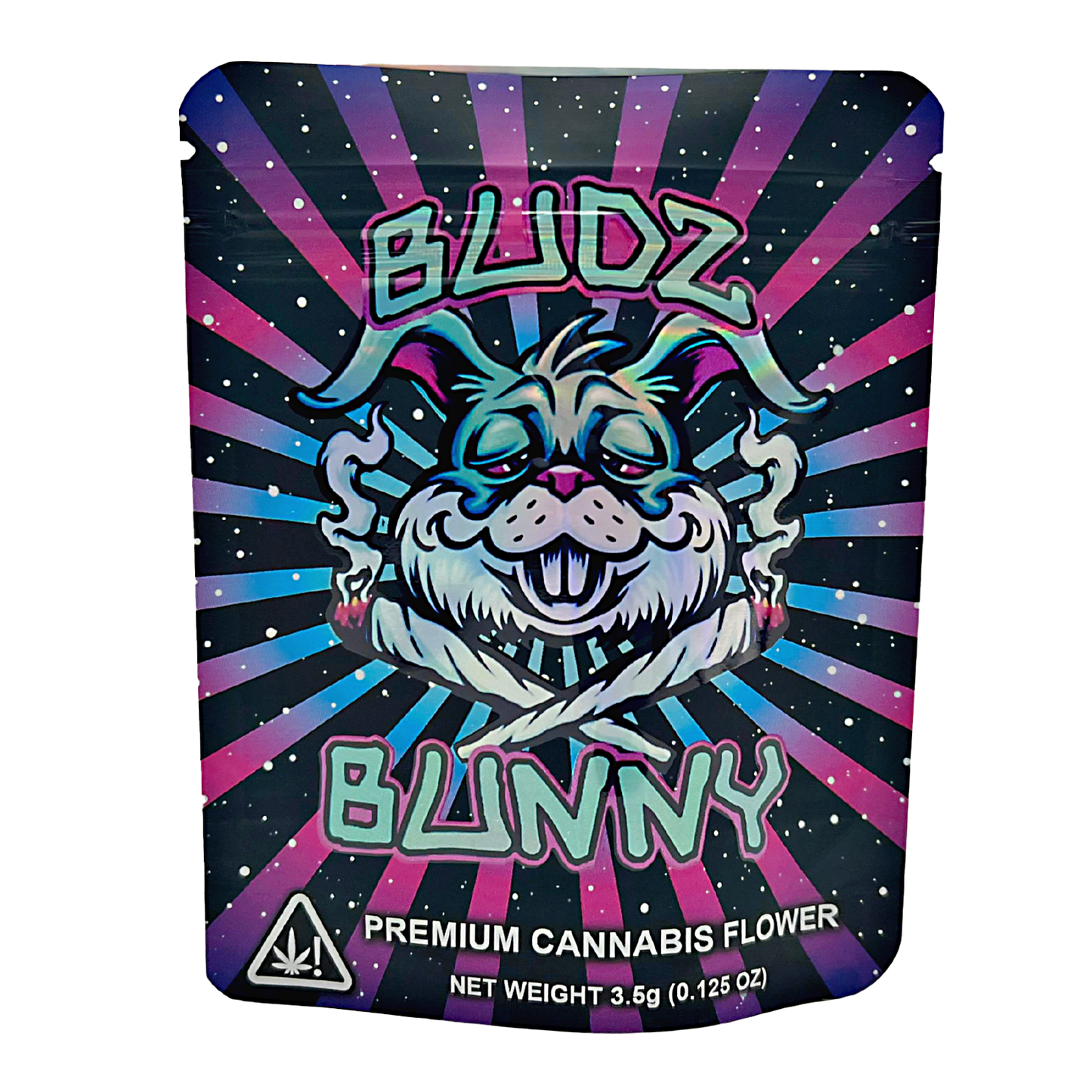 3.5G Mylar Bags, Cannabis Mylar Bags, Where to buy mylar bags, Custom mylar bags near me, Mylar Bags Wholesale. Bludz Bunny premium cannabis flower packaging with colorful design and branding.