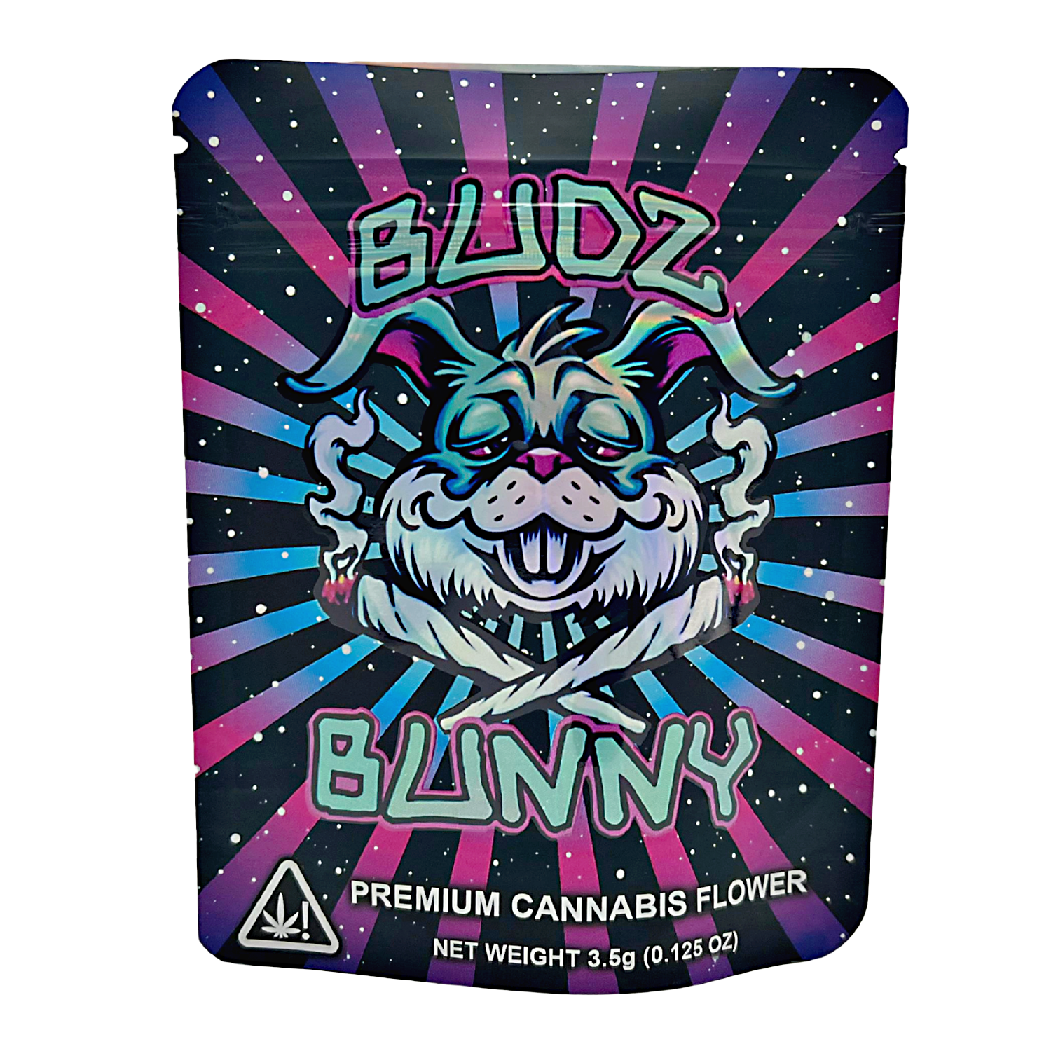 3.5G Mylar Bags, Cannabis Mylar Bags, Where to buy mylar bags, Custom mylar bags near me, Mylar Bags Wholesale. Bludz Bunny premium cannabis flower packaging with colorful design and branding.