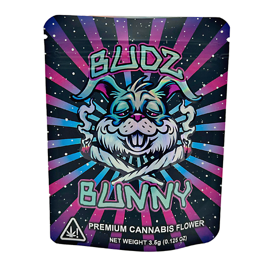 3.5G Mylar Bags, Cannabis Mylar Bags, Where to buy mylar bags, Custom mylar bags near me, Mylar Bags Wholesale. Bludz Bunny premium cannabis flower packaging with colorful design and branding.