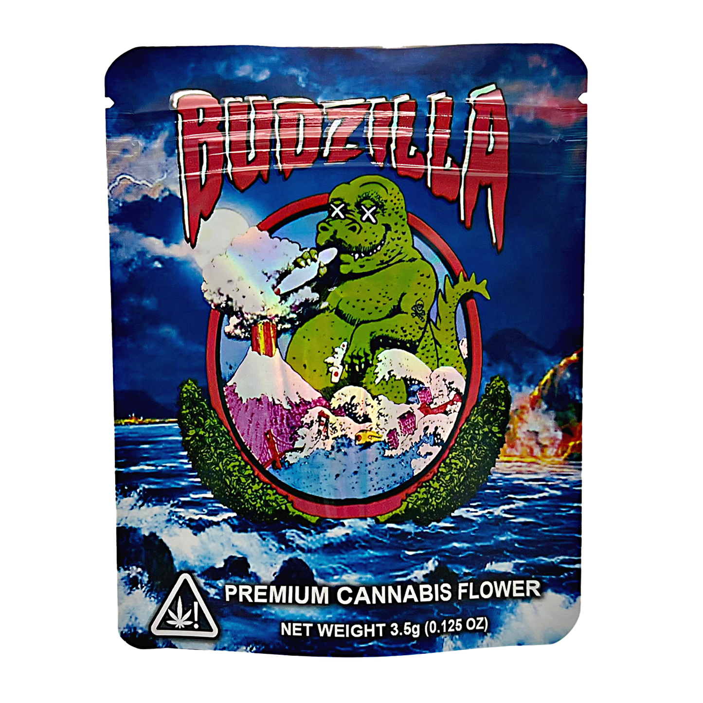 3.5G Mylar Bags, Cannabis Mylar Bags, Where to buy mylar bags, Custom mylar bags near me, Mylar Bags Wholesale. Budzilla packaging with a green creature smoking a cigarette against a blue sky background
