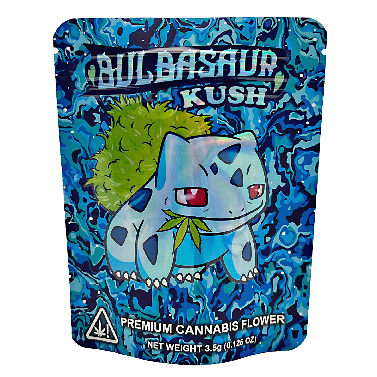3.5G Mylar Bags, Cannabis Mylar Bags, Where to buy mylar bags, Custom mylar bags near me, Mylar Bags Wholesale. Cannabis packaging with a cartoon character on a blue background