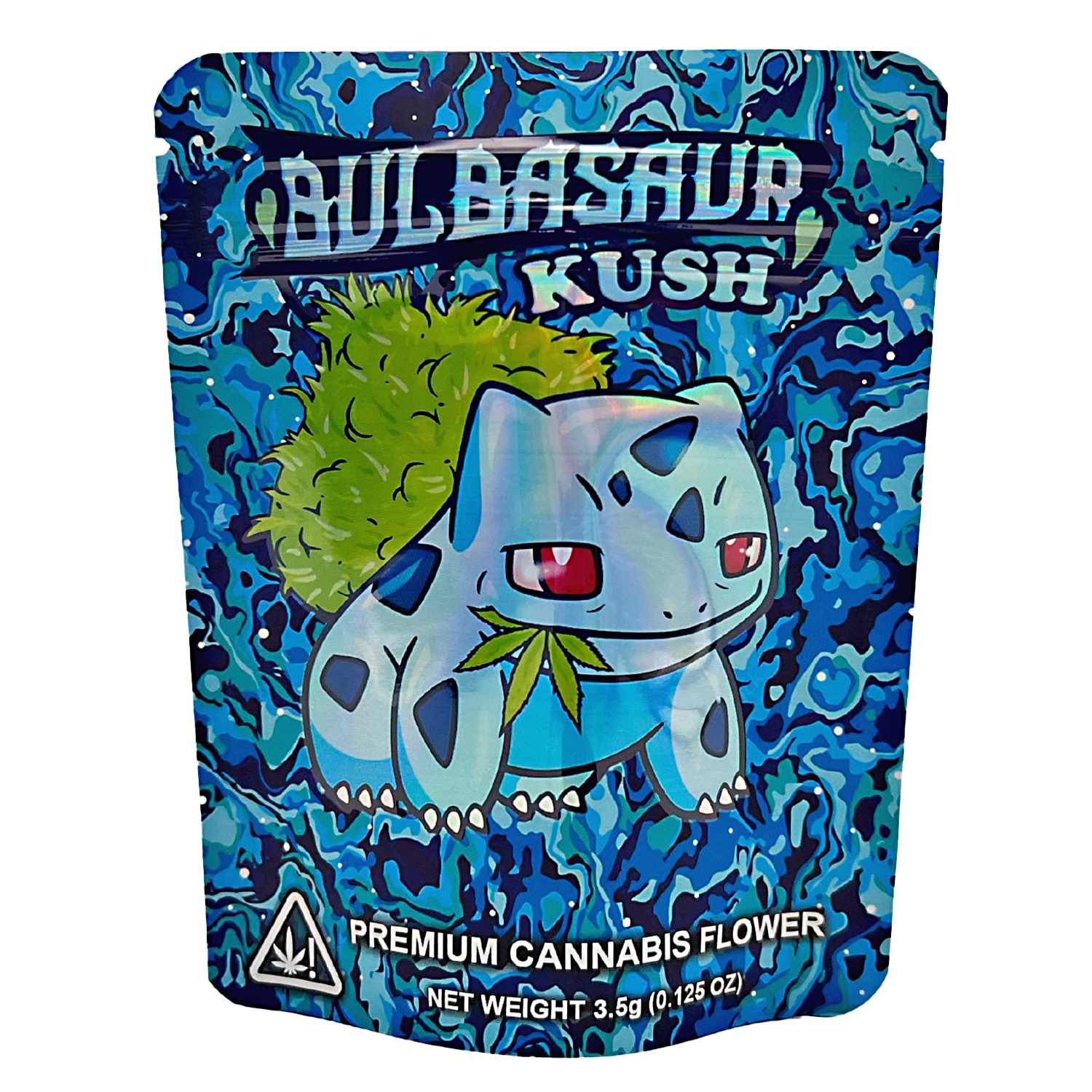 3.5G Mylar Bags, Cannabis Mylar Bags, Where to buy mylar bags, Custom mylar bags near me, Mylar Bags Wholesale. Cannabis packaging with a cartoon character on a blue background