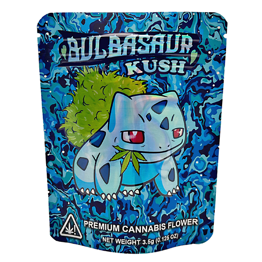 3.5G Mylar Bags, Cannabis Mylar Bags, Where to buy mylar bags, Custom mylar bags near me, Mylar Bags Wholesale. Cannabis packaging with a cartoon character on a blue background