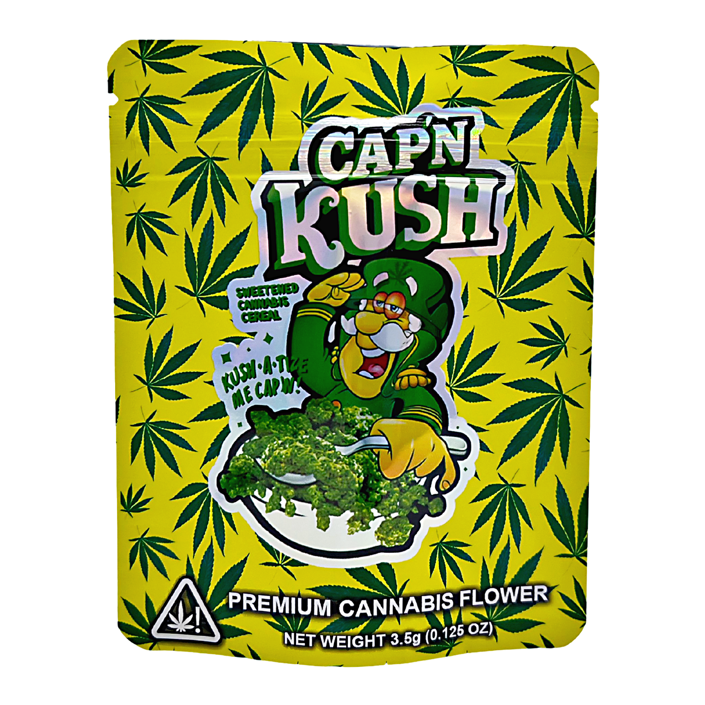 3.5G Mylar Bags, Cannabis Mylar Bags, Where to buy mylar bags, Custom mylar bags near me, Mylar Bags Wholesale. Cap'n Kush cannabis packaging with cartoon character and green leaves on a yellow background