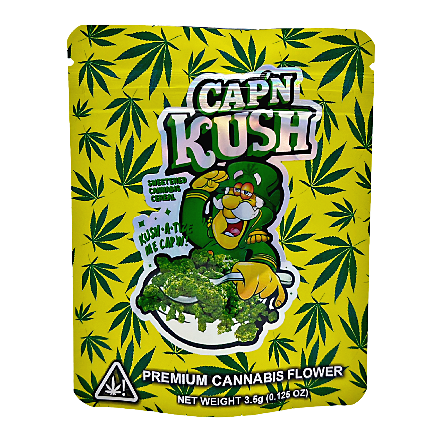 3.5G Mylar Bags, Cannabis Mylar Bags, Where to buy mylar bags, Custom mylar bags near me, Mylar Bags Wholesale. Cap'n Kush cannabis packaging with cartoon character and green leaves on a yellow background
