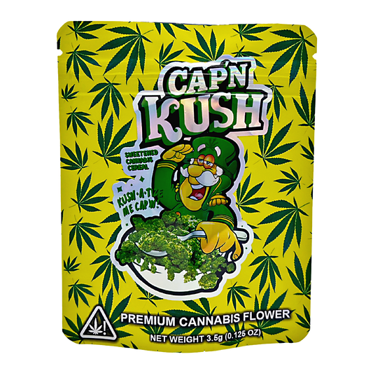 3.5G Mylar Bags, Cannabis Mylar Bags, Where to buy mylar bags, Custom mylar bags near me, Mylar Bags Wholesale. Cap'n Kush cannabis packaging with cartoon character and green leaves on a yellow background