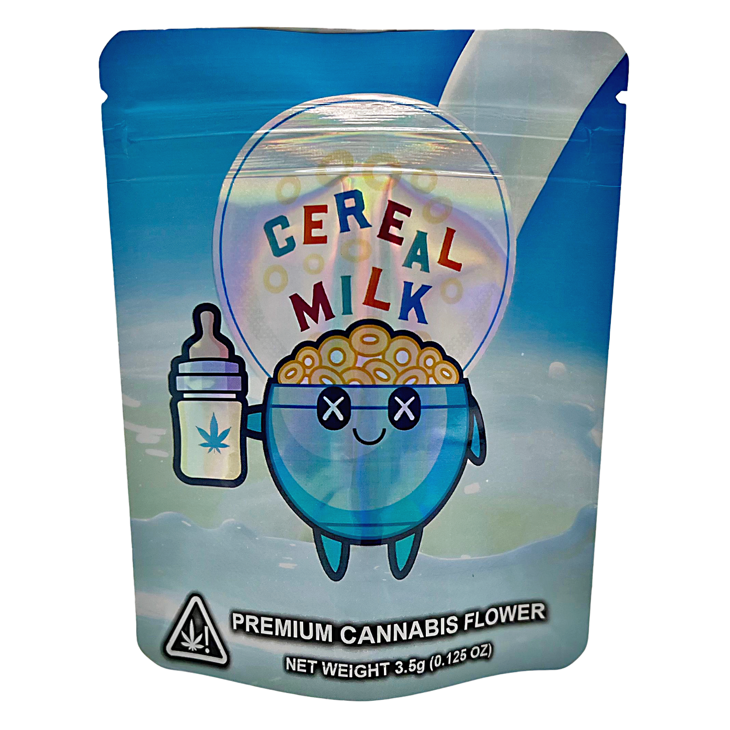 3.5G Mylar Bags, Cannabis Mylar Bags, Where to buy mylar bags, Custom mylar bags near me, Mylar Bags Wholesale. Cannabis product packaging with cartoon character holding a bottle labeled 'Cereal Milk' on a blue and white background.