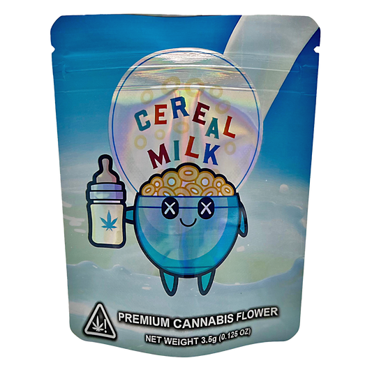 3.5G Mylar Bags, Cannabis Mylar Bags, Where to buy mylar bags, Custom mylar bags near me, Mylar Bags Wholesale. Cannabis product packaging with cartoon character holding a bottle labeled 'Cereal Milk' on a blue and white background.