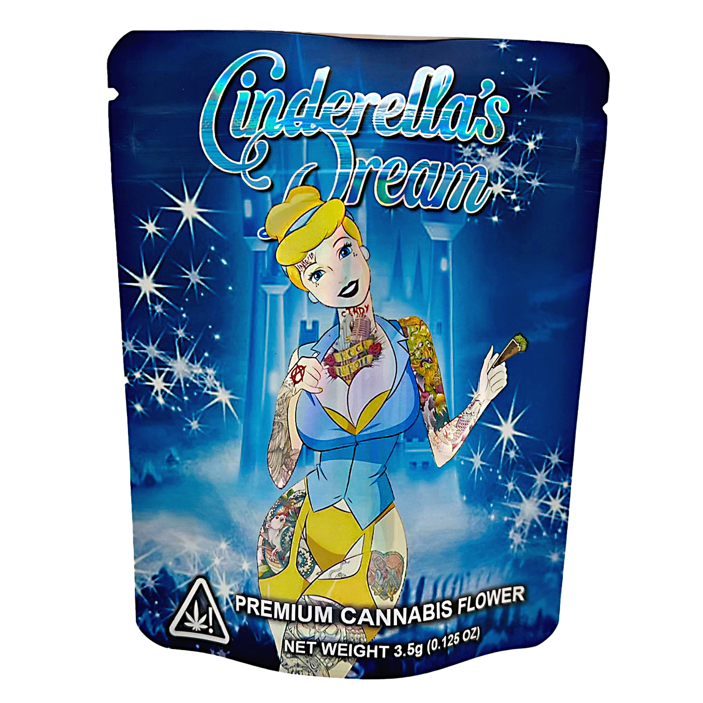 3.5G Mylar Bags, Cannabis Mylar Bags, Where to buy mylar bags, Custom mylar bags near me, Mylar Bags Wholesale. Cinderella-themed cannabis packaging with cartoon character on a blue background