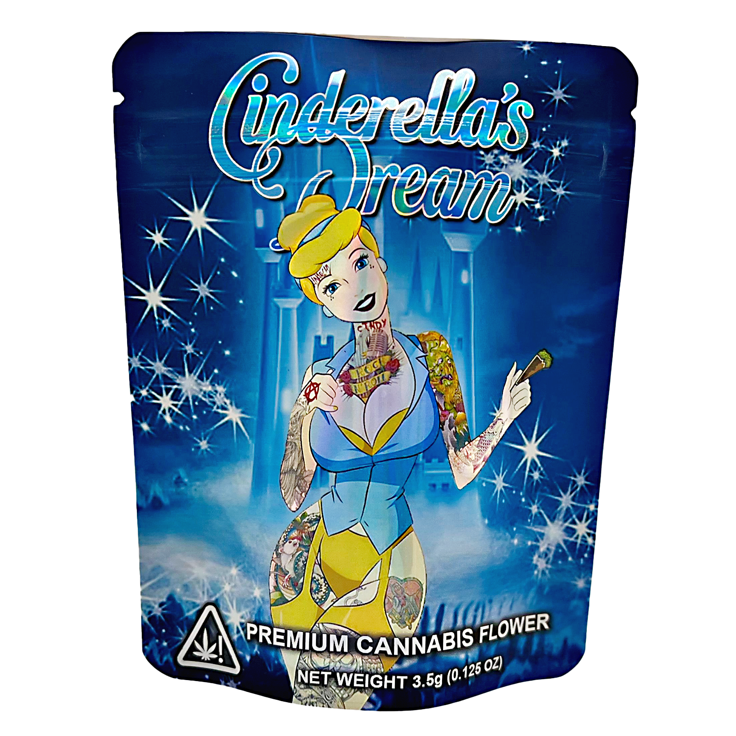 3.5G Mylar Bags, Cannabis Mylar Bags, Where to buy mylar bags, Custom mylar bags near me, Mylar Bags Wholesale. Cinderella-themed cannabis packaging with cartoon character on a blue background