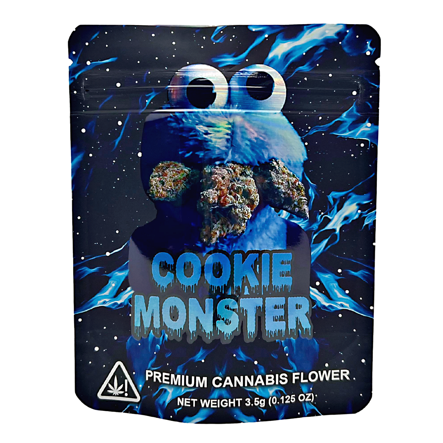 3.5G Mylar Bags, Cannabis Mylar Bags, Where to buy mylar bags, Custom mylar bags near me, Mylar Bags Wholesale. Package of 'Cookie Monster' premium cannabis flower with blue and black design.