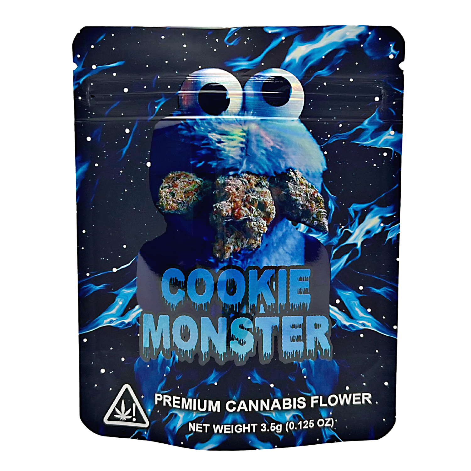 3.5G Mylar Bags, Cannabis Mylar Bags, Where to buy mylar bags, Custom mylar bags near me, Mylar Bags Wholesale. Package of 'Cookie Monster' premium cannabis flower with blue and black design.