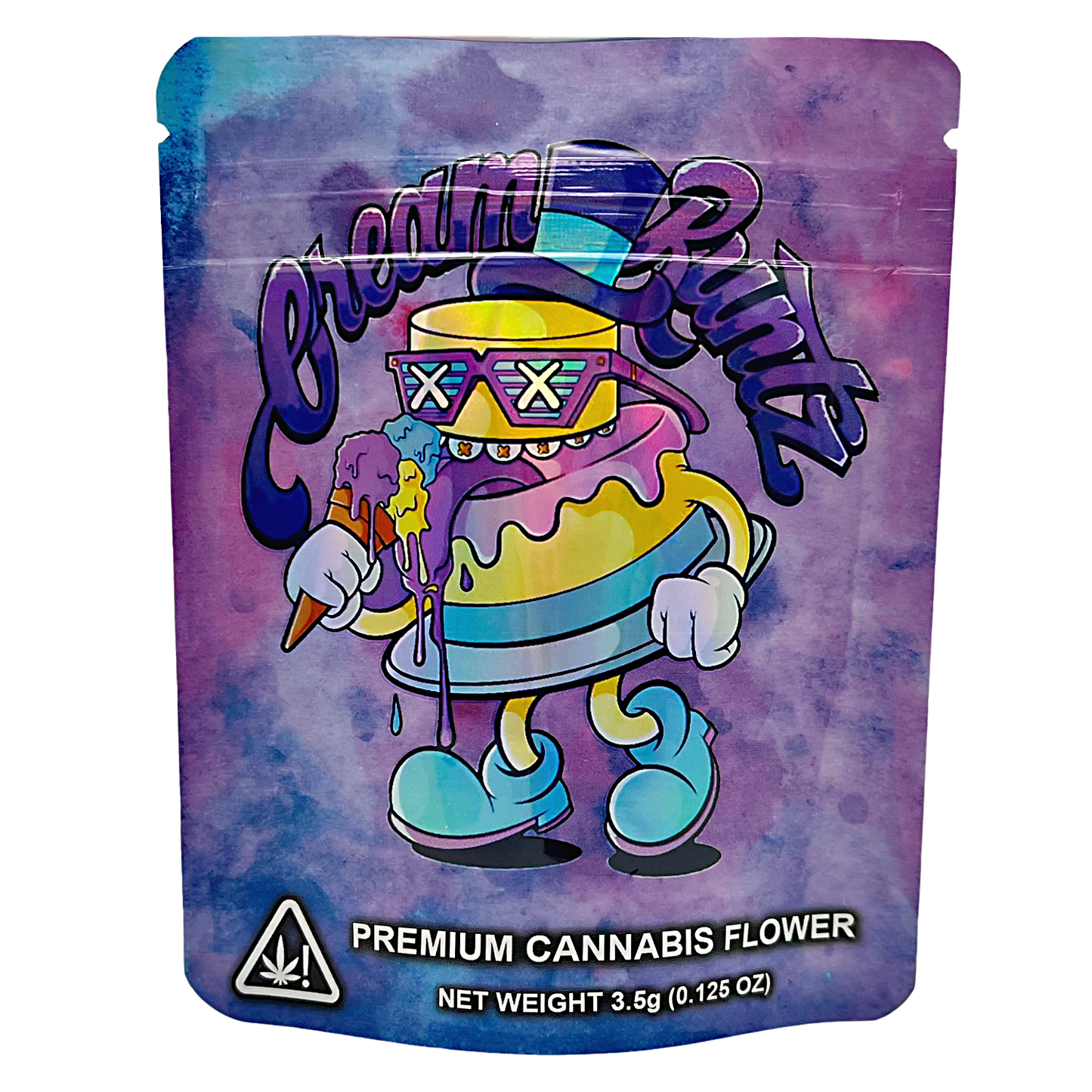 3.5G Mylar Bags, Cannabis Mylar Bags, Where to buy mylar bags, Custom mylar bags near me, Mylar Bags Wholesale. Colorful packaging of 'Dreams & Roots' premium cannabis flower with cartoon character design.