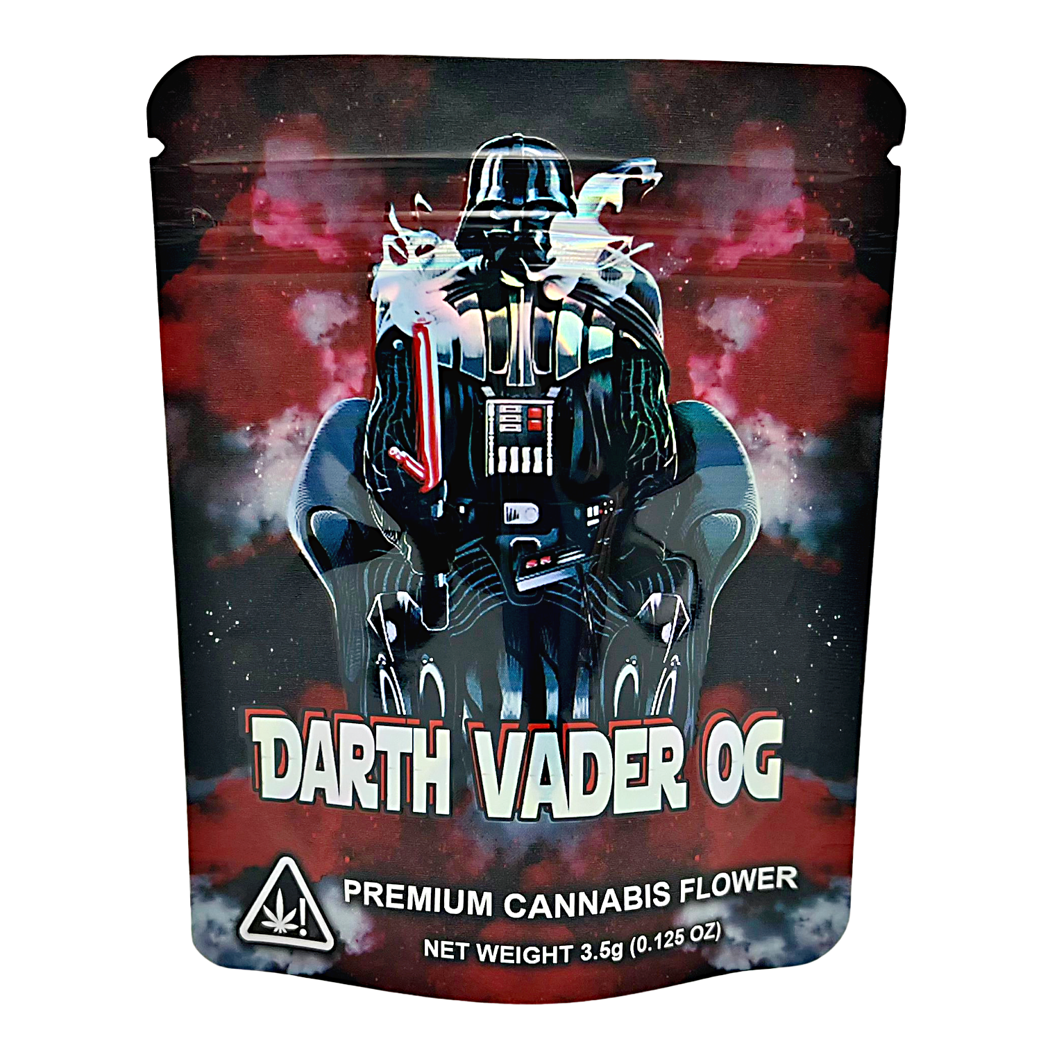 3.5G Mylar Bags, Cannabis Mylar Bags, Where to buy mylar bags, Custom mylar bags near me, Mylar Bags Wholesale. Packaging of Darth Vader OG premium cannabis flower with a dark background