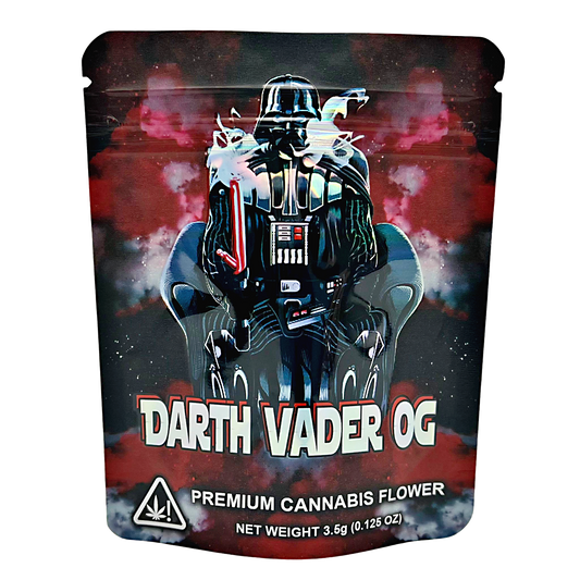 3.5G Mylar Bags, Cannabis Mylar Bags, Where to buy mylar bags, Custom mylar bags near me, Mylar Bags Wholesale. Packaging of Darth Vader OG premium cannabis flower with a dark background