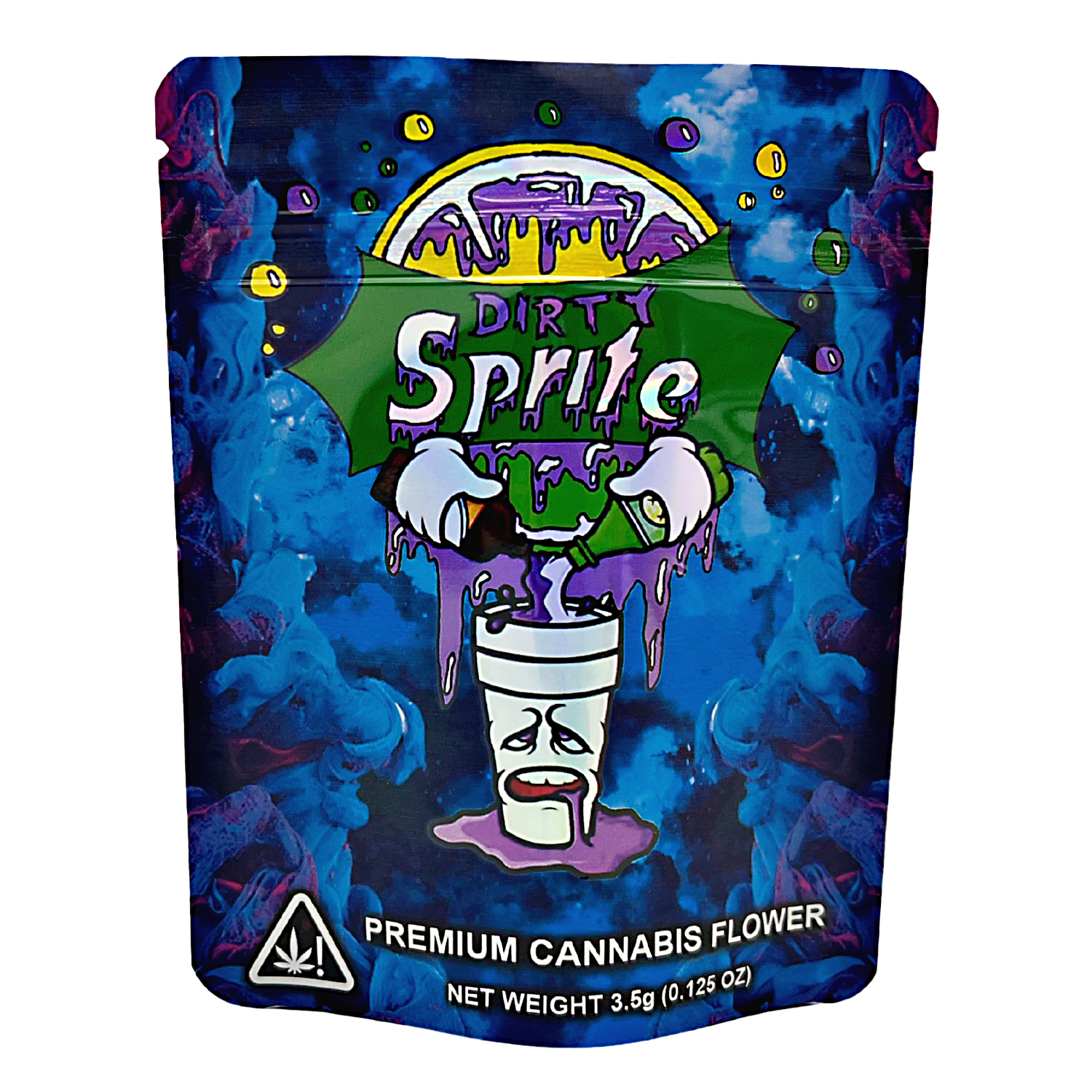 Mylar Bag Packaging of 'Dirty Sprite' premium cannabis flower with colorful design and branding.