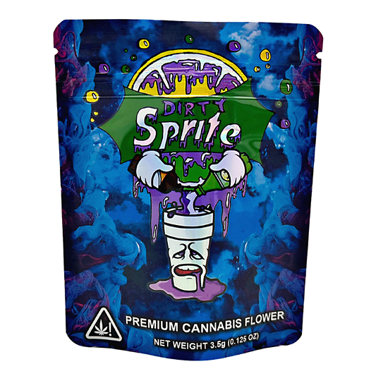 Mylar Bag Packaging of 'Dirty Sprite' premium cannabis flower with colorful design and branding.