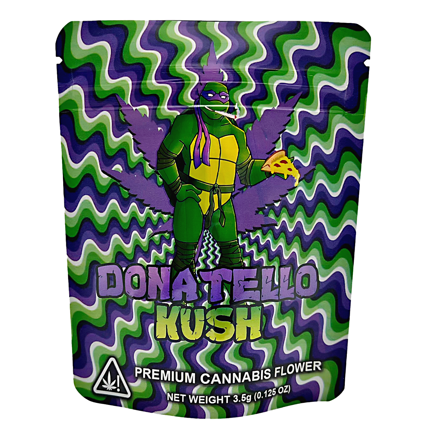 3.5G Mylar Bags, Cannabis Mylar Bags, Where to buy mylar bags, Custom mylar bags near me, Mylar Bags Wholesale. Cannabis packaging with Donatello from Teenage Mutant Ninja Turtles design on a wavy purple and green background.