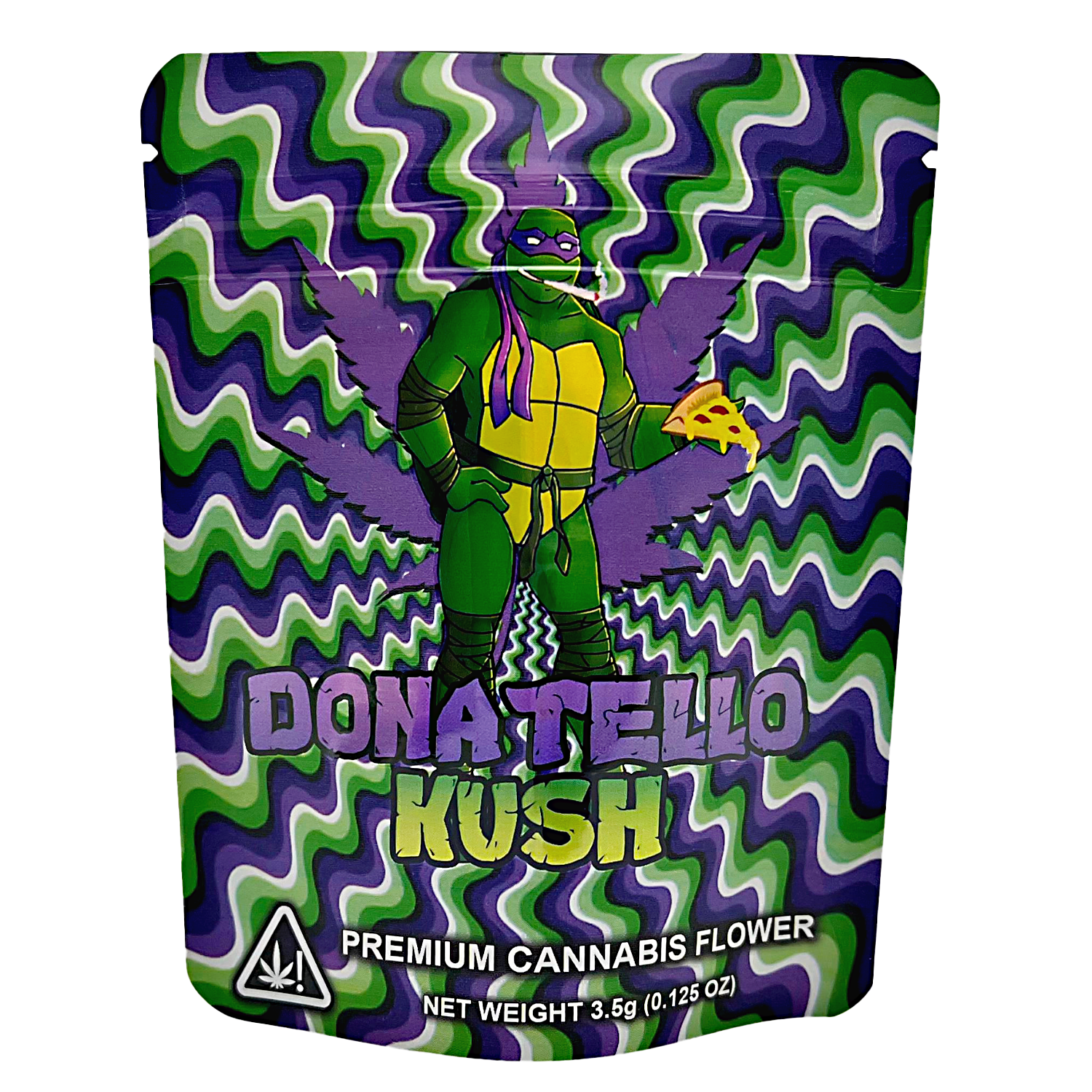 3.5G Mylar Bags, Cannabis Mylar Bags, Where to buy mylar bags, Custom mylar bags near me, Mylar Bags Wholesale. Cannabis packaging with Donatello from Teenage Mutant Ninja Turtles design on a wavy purple and green background.
