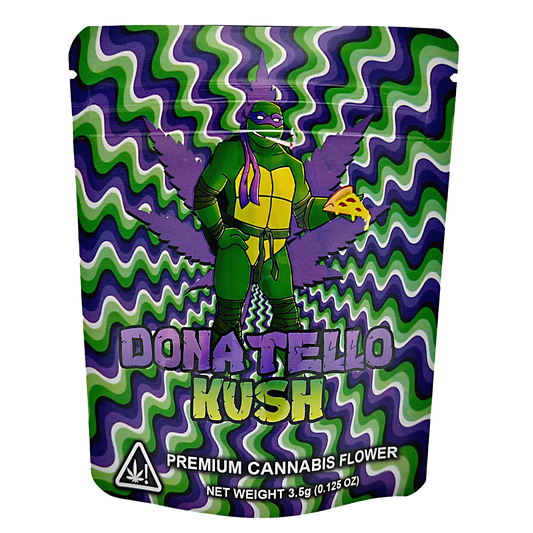 3.5G Mylar Bags, Cannabis Mylar Bags, Where to buy mylar bags, Custom mylar bags near me, Mylar Bags Wholesale. Cannabis packaging with Donatello from Teenage Mutant Ninja Turtles design on a wavy purple and green background.