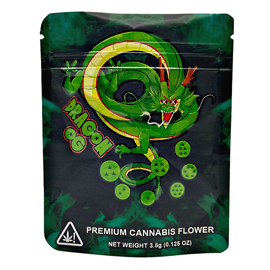 3.5G Mylar Bags, Cannabis Mylar Bags, Where to buy mylar bags, Custom mylar bags near me, Mylar Bags Wholesale. Green cannabis packaging with a dragon design on a white background