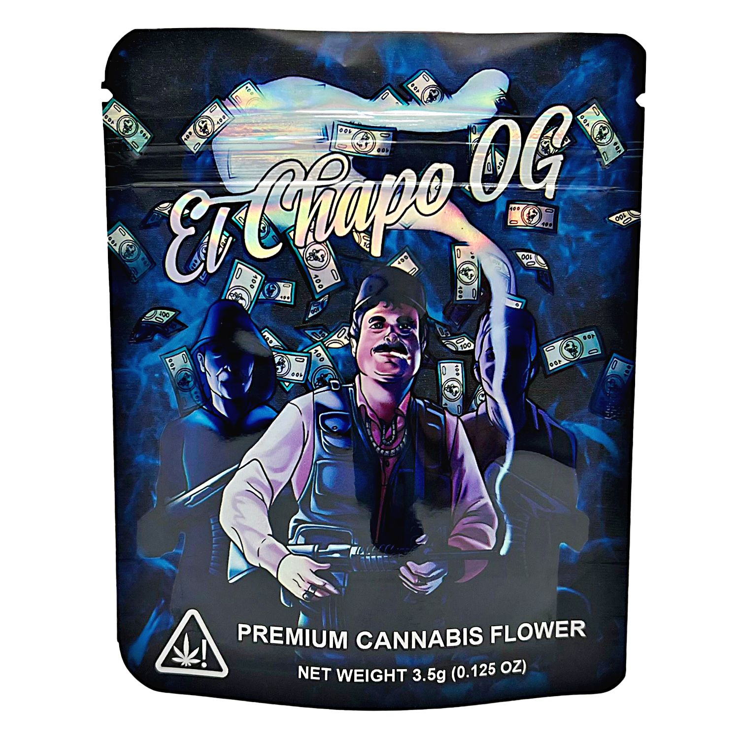 3.5G Mylar Bags, Cannabis Mylar Bags, Where to buy mylar bags, Custom mylar bags near me, Mylar Bags Wholesale. Cannabis packaging with a person and money design, featuring 'El Chapo OG' branding.