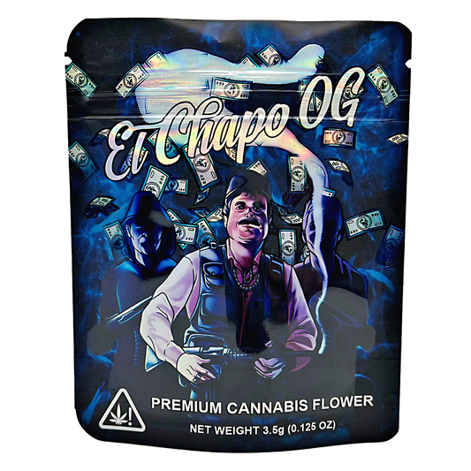 3.5G Mylar Bags, Cannabis Mylar Bags, Where to buy mylar bags, Custom mylar bags near me, Mylar Bags Wholesale. Cannabis packaging with a person and money design, featuring 'El Chapo OG' branding.