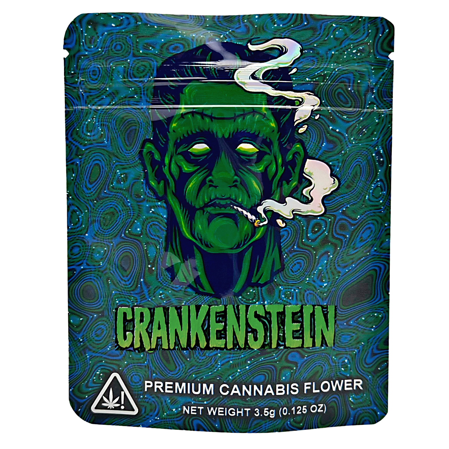Mylar Bag Crankenstein premium cannabis flower packaging with a green zombie character on a blue and green patterned background.