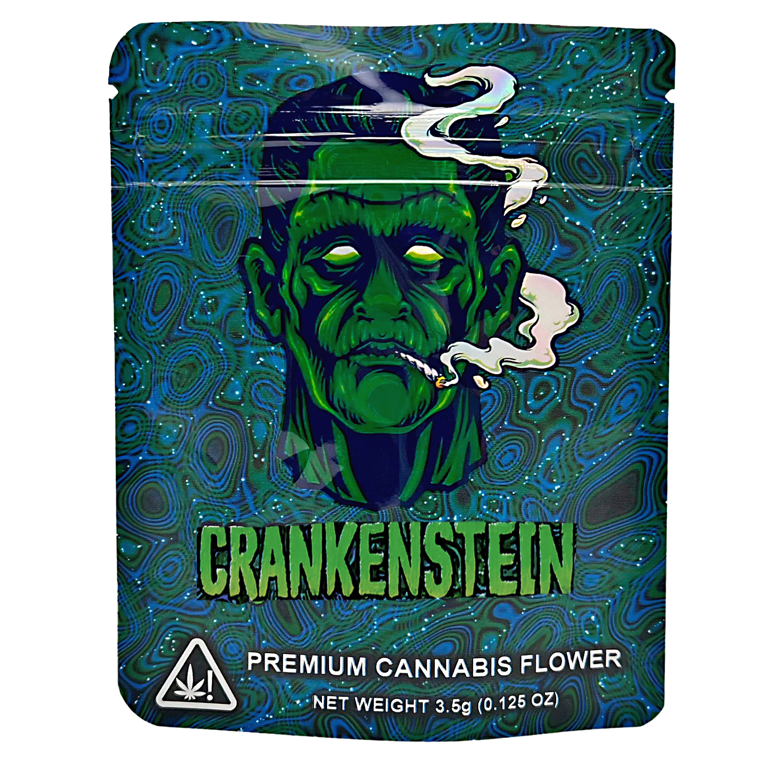 Mylar Bag Crankenstein premium cannabis flower packaging with a green zombie character on a blue and green patterned background.