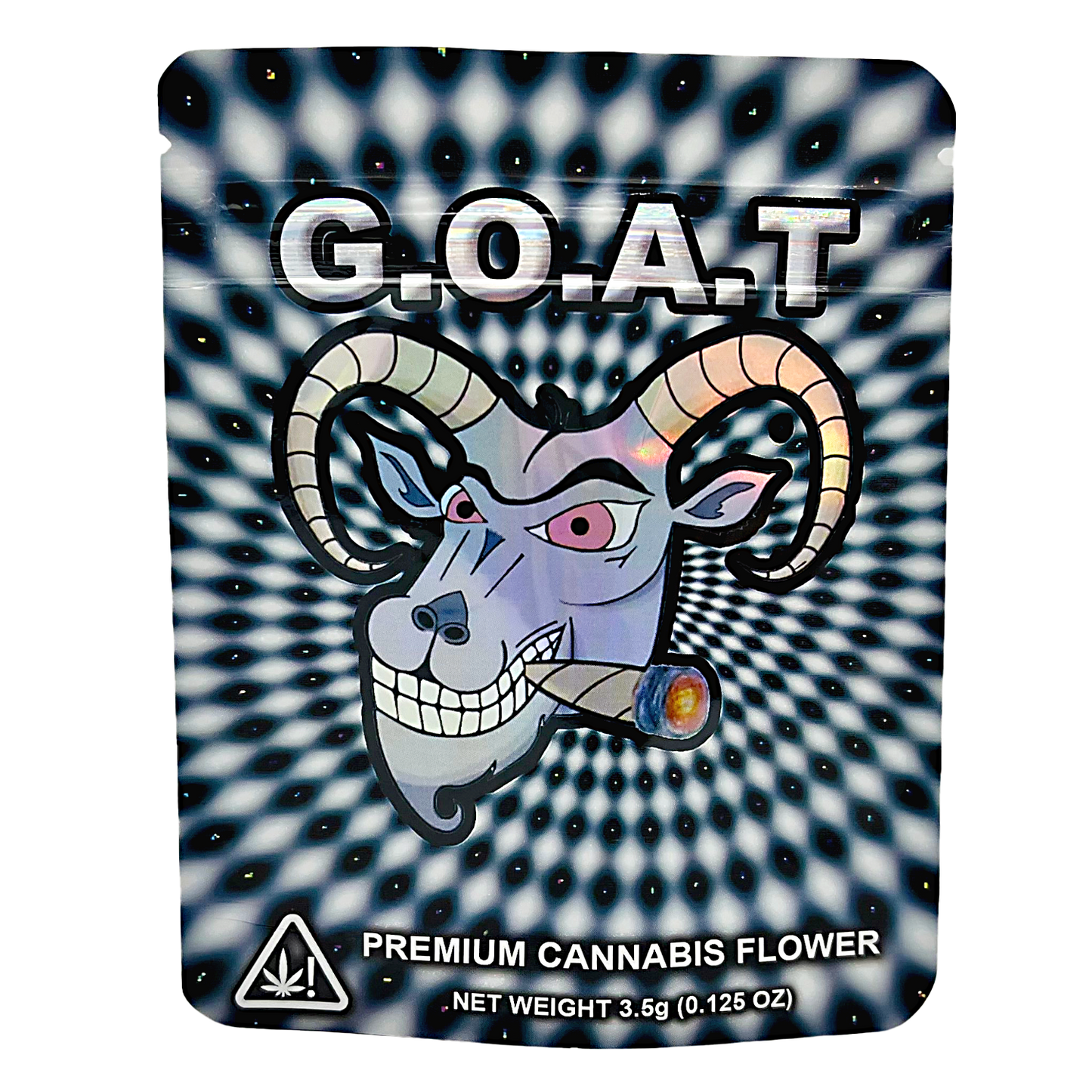 3.5G Mylar Bags, Cannabis Mylar Bags, Where to buy mylar bags, Custom mylar bags near me, Mylar Bags Wholesale. G.L.O.A.T. premium cannabis flower packaging with a stylized goat face on a black and white patterned background.