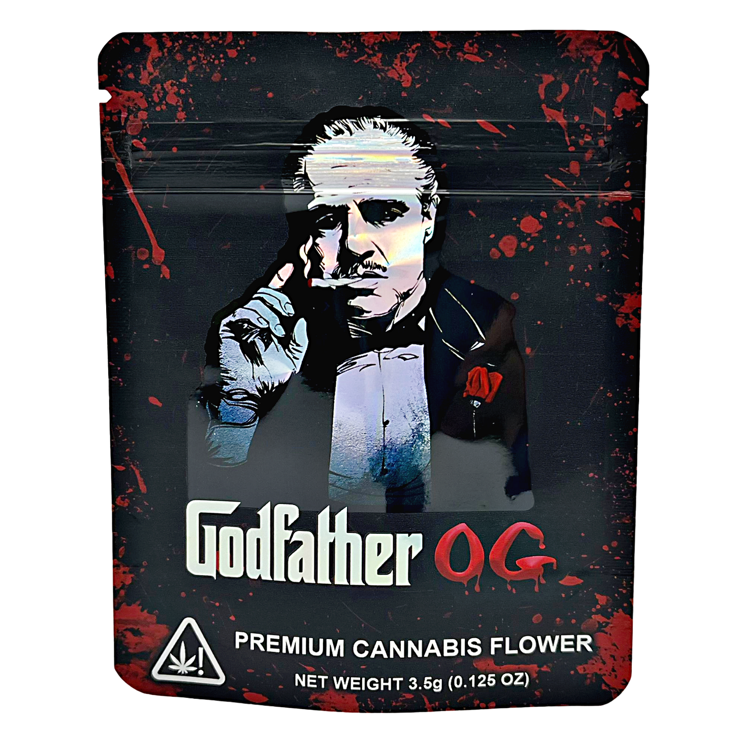 3.5G Mylar Bags, Cannabis Mylar Bags, Where to buy mylar bags, Custom mylar bags near me, Mylar Bags Wholesale. Cannabis packaging with 'Godfather OG' branding on a dark background