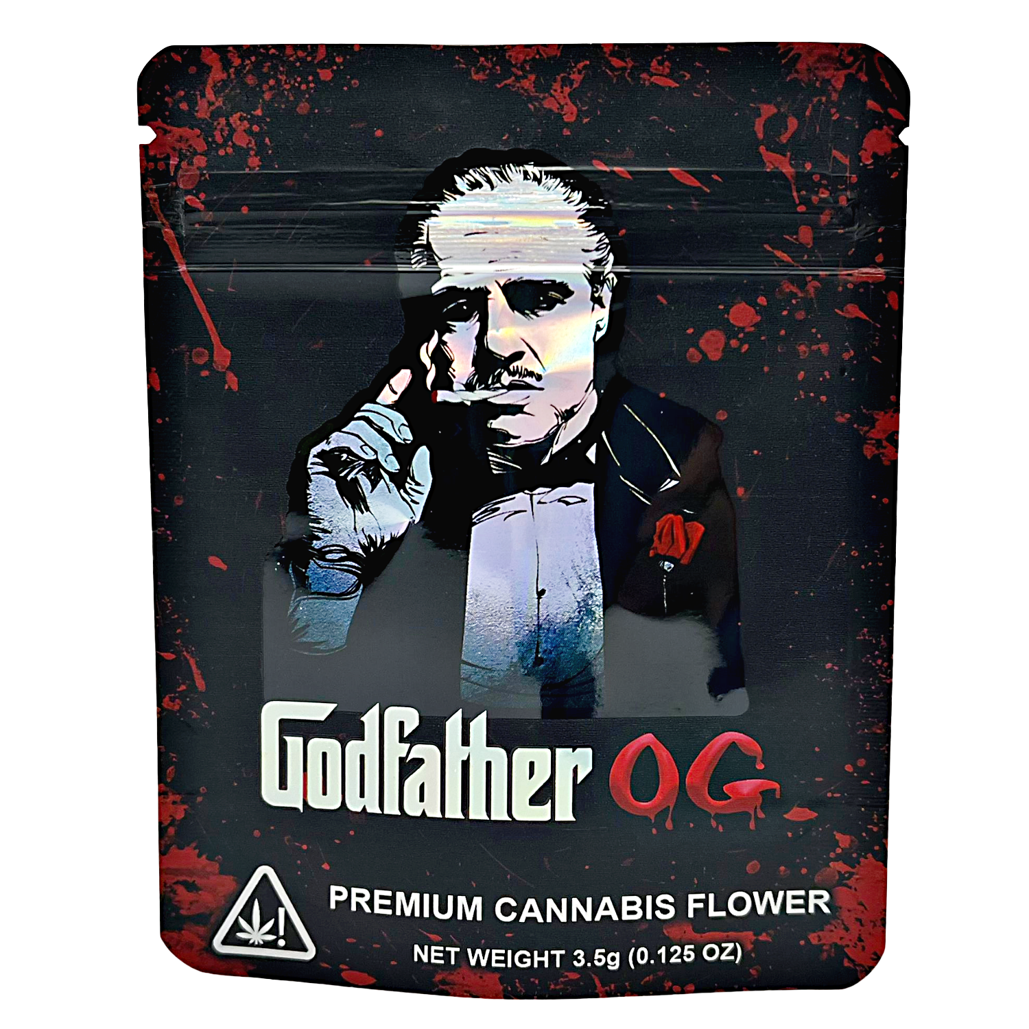 3.5G Mylar Bags, Cannabis Mylar Bags, Where to buy mylar bags, Custom mylar bags near me, Mylar Bags Wholesale. Cannabis packaging with 'Godfather OG' branding on a dark background