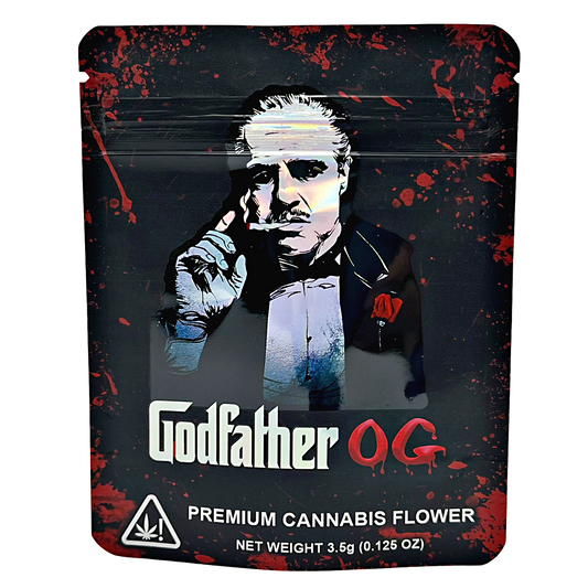 3.5G Mylar Bags, Cannabis Mylar Bags, Where to buy mylar bags, Custom mylar bags near me, Mylar Bags Wholesale. Cannabis packaging with 'Godfather OG' branding on a dark background