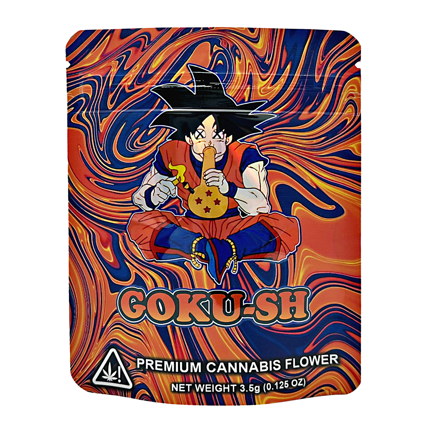 3.5G Mylar Bags, Cannabis Mylar Bags, Where to buy mylar bags, Custom mylar bags near me, Mylar Bags Wholesale. Cannabis packaging with an anime character holding a joint on a swirling orange and blue background.