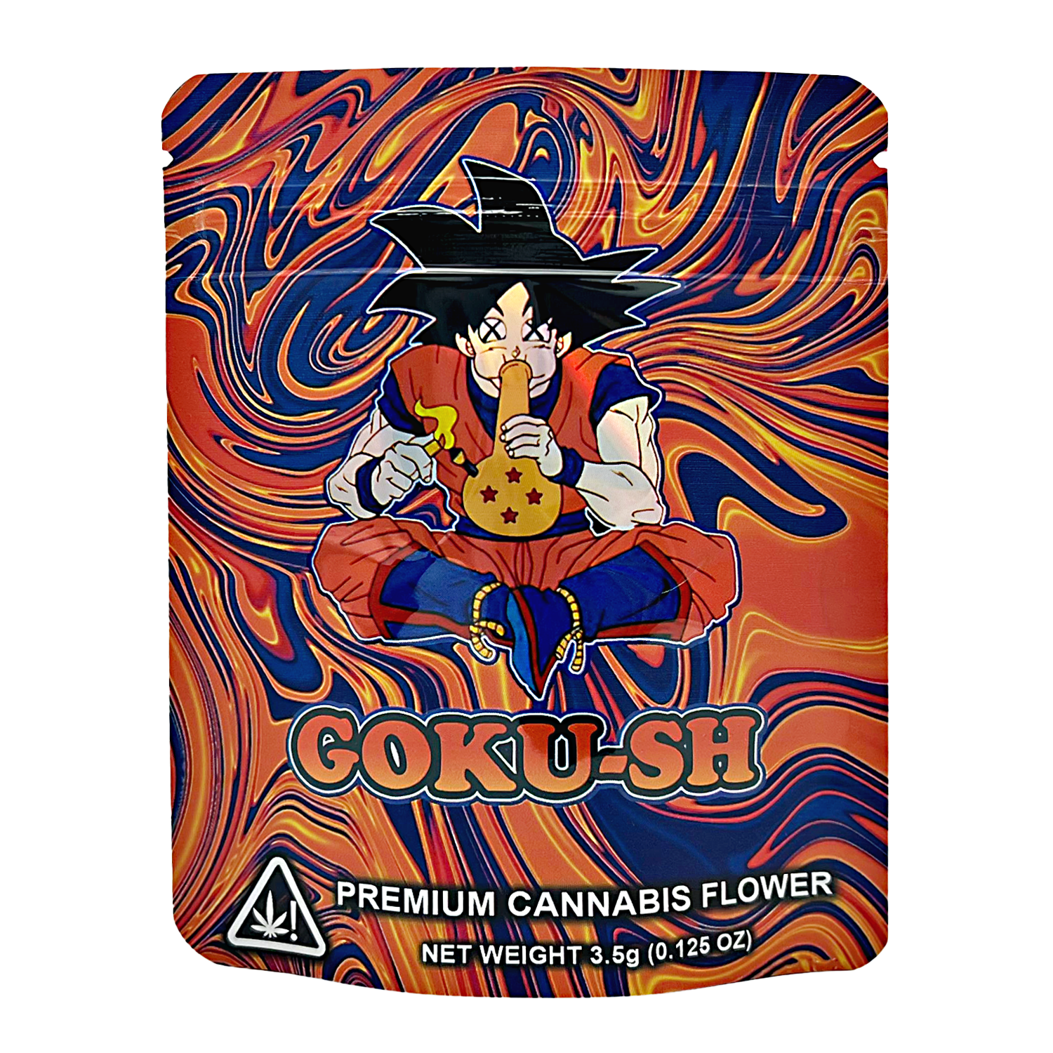 3.5G Mylar Bags, Cannabis Mylar Bags, Where to buy mylar bags, Custom mylar bags near me, Mylar Bags Wholesale. Cannabis packaging with an anime character holding a joint on a swirling orange and blue background.