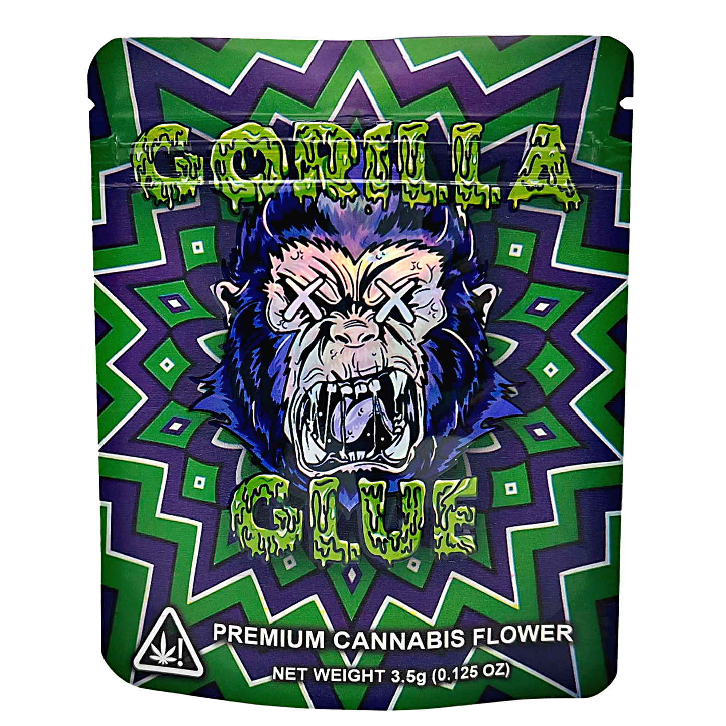 3.5G Mylar Bags, Cannabis Mylar Bags, Where to buy mylar bags, Custom mylar bags near me, Mylar Bags Wholesale. Gorilla Glue packaging with a colorful design and gorilla graphic on a white background